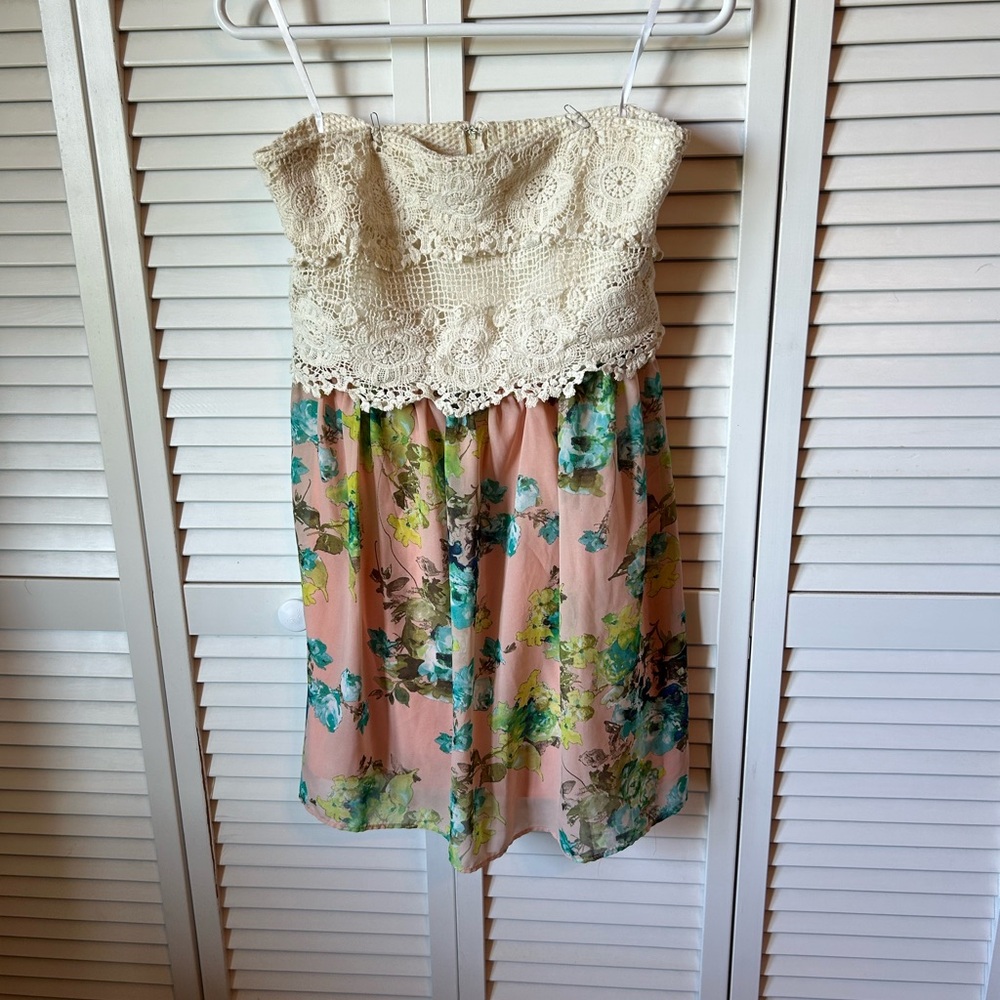 Deb Strapless Dress with Cream Lace and Floral Print